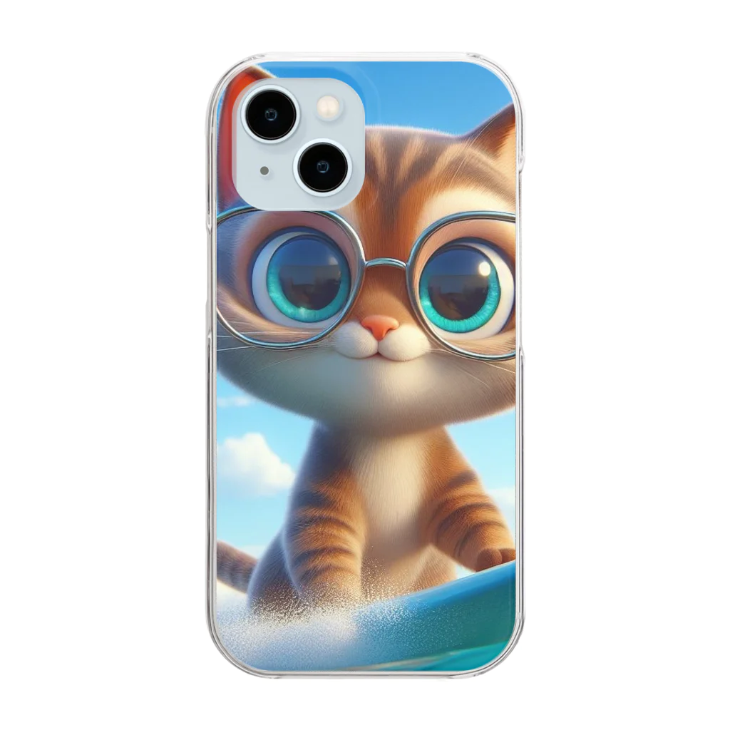 猫と紡ぐ物語のお気に入りのサーフボードでサーフィンする猫 Clear Smartphone Case