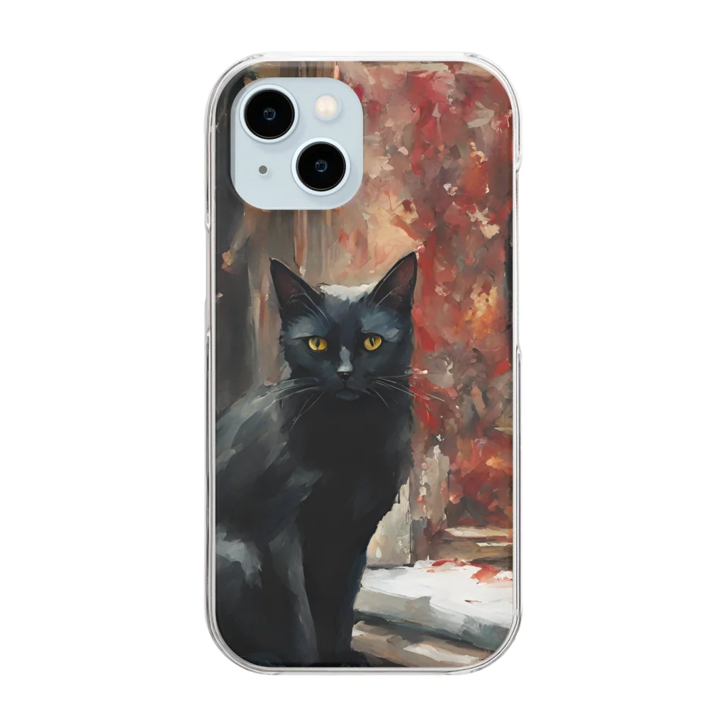 叶和の絵画風の黒猫🐈‍⬛ クリアスマホケース
