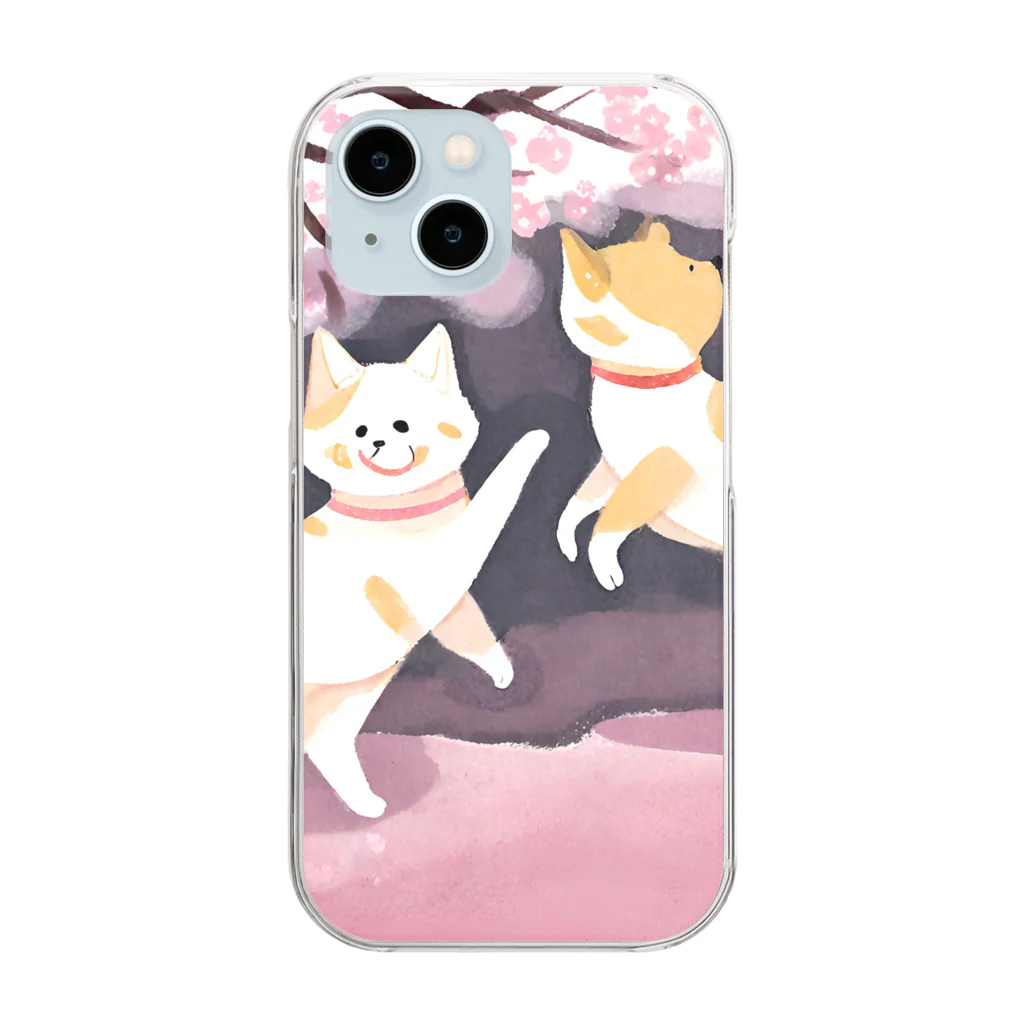 Shironekokuuの桜で遊ぶ犬と猫 Clear Smartphone Case