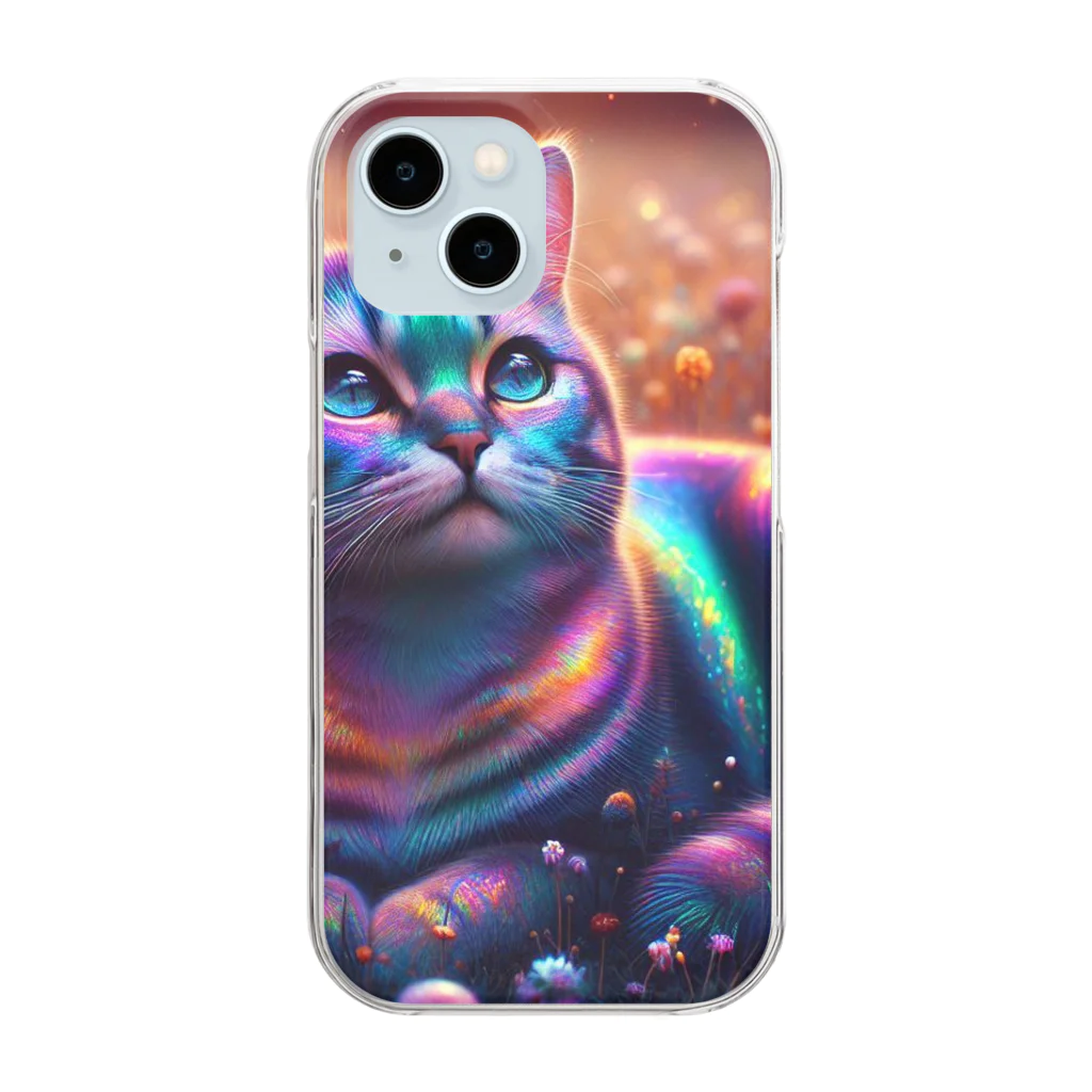 momonekokoの虹色の空を見上げる猫 Clear Smartphone Case