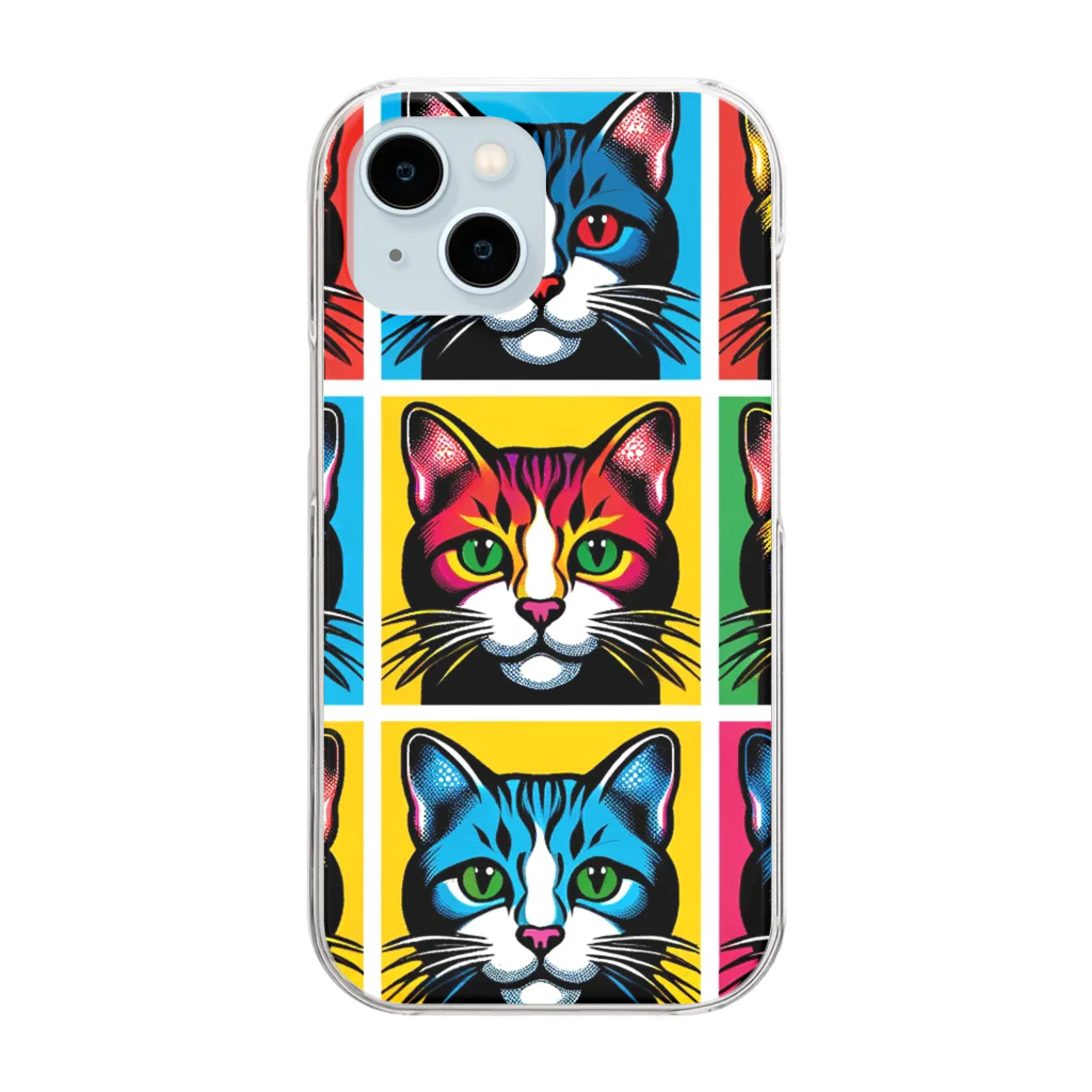 CatCraftsの【Colorful Cat Pop】- ポップアート猫顔コレクション クリアスマホケース