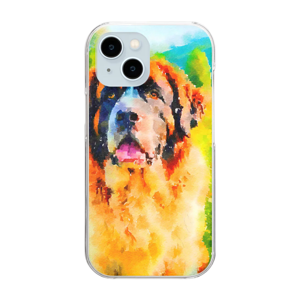 犬好きのしましまの水彩画の犬 花畑のセントバーナードのイラスト Clear Smartphone Case