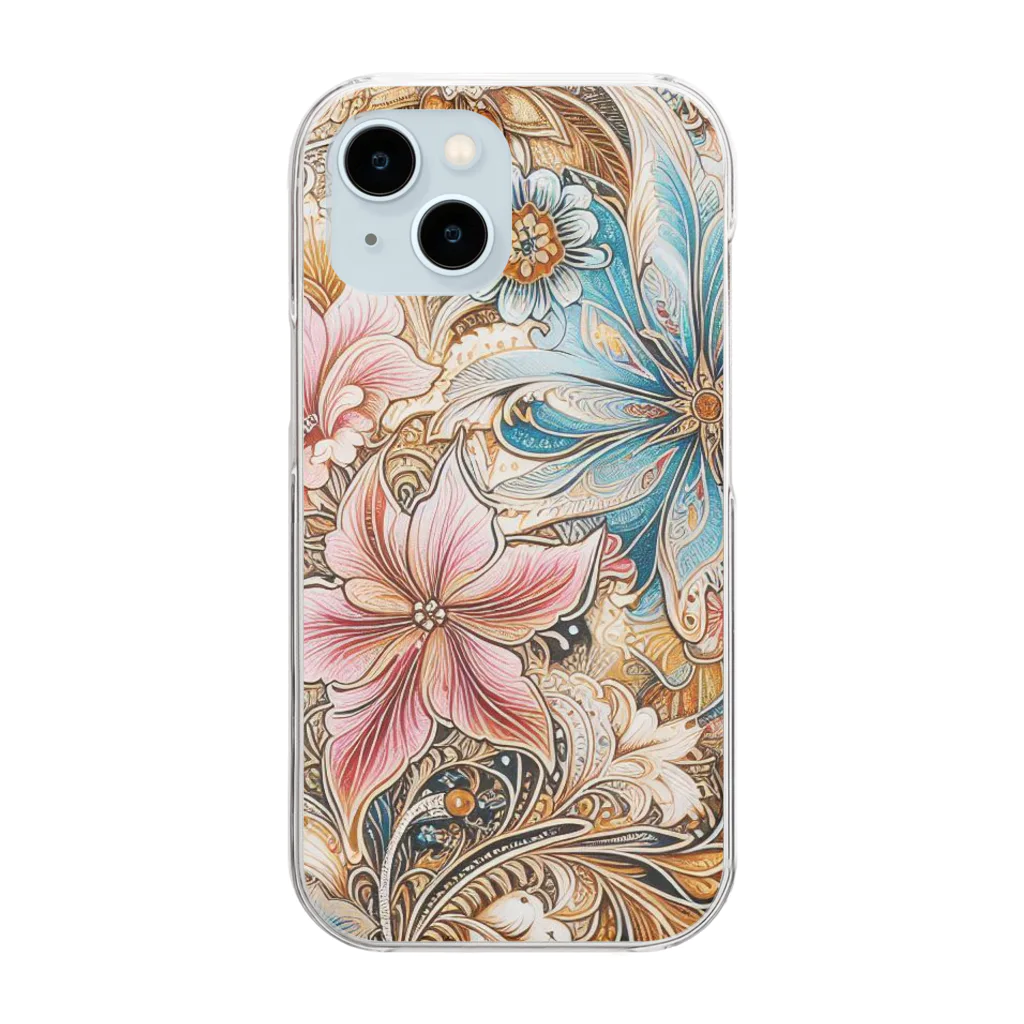 使いやすいデザインがいいね！のお花のバティック柄 Clear Smartphone Case