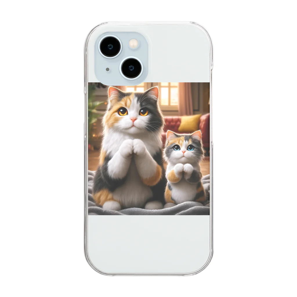 亀蘭タマムシの三毛猫親子のお願い Clear Smartphone Case