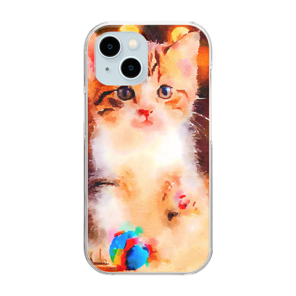 猫好きの谷の猫の水彩画/キジシロねこのイラスト/おもちゃで遊ぶキジ白ネコ Clear Smartphone Case