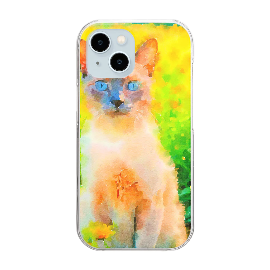 猫好きの谷の猫の水彩画/花畑のトンキニーズねこのイラスト/ポイントネコ Clear Smartphone Case