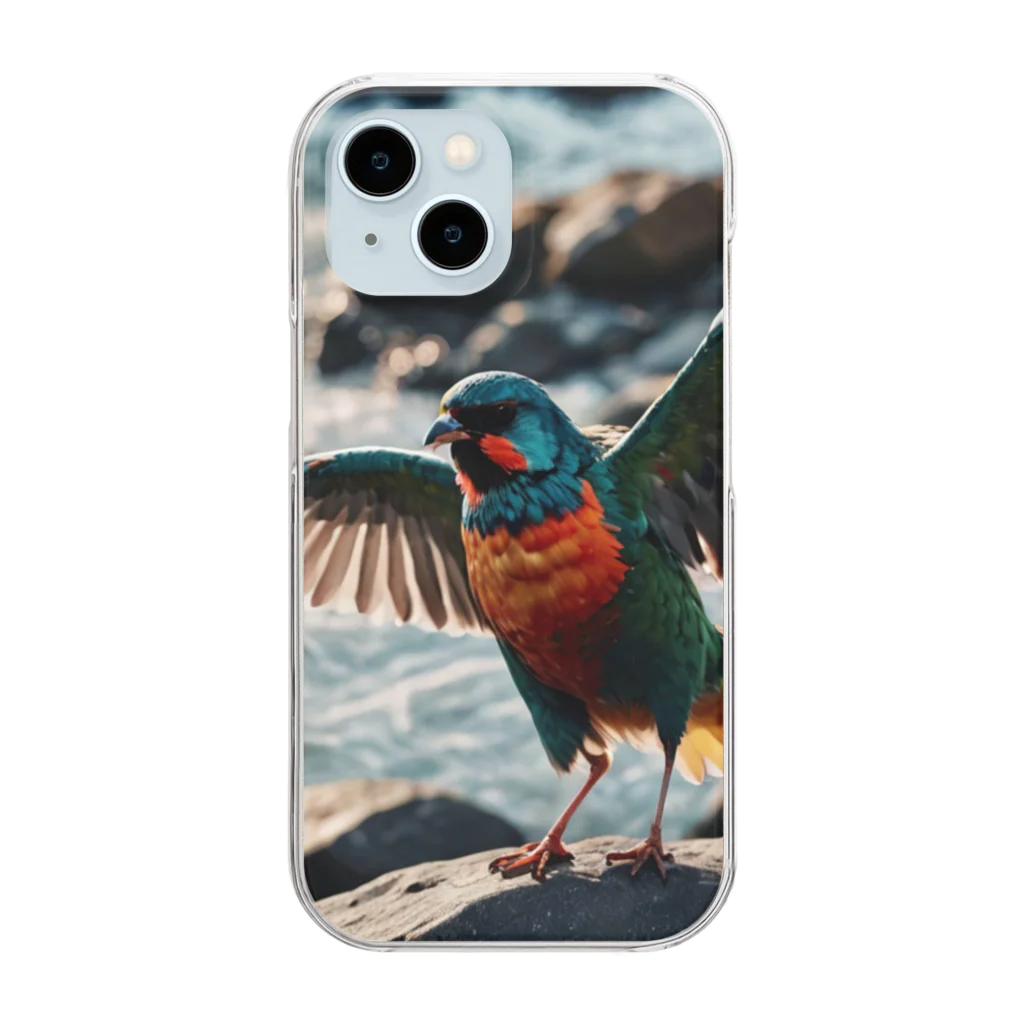 snow-birdの波打ち際で羽ばたく色鮮やかな鳥 Clear Smartphone Case