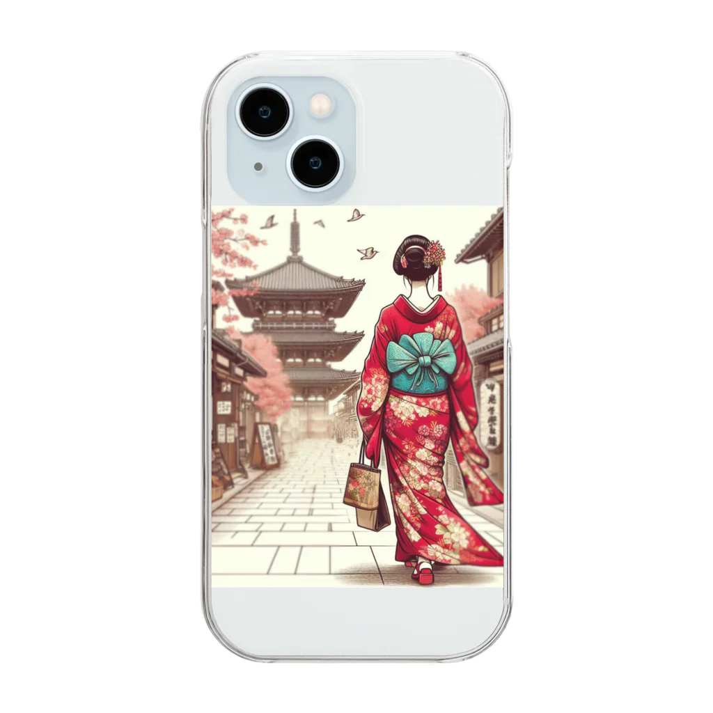 yuchijapanの京都を歩く着物美人イラスト Clear Smartphone Case