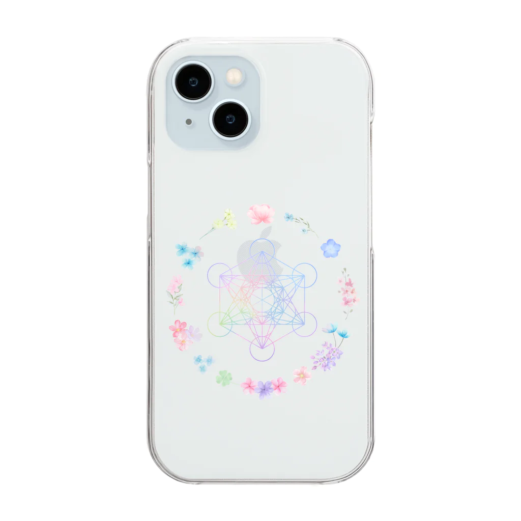 Metatron’s Cube Cosmosの虹色のメタトロンキューブと花のリース Clear Smartphone Case