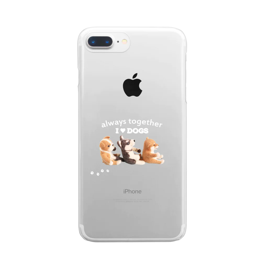 Handmade by CaranfeeのI ♥ dogs 柴犬 シベリアンハスキー ブルドッグの 仲良しトリオ(白文字Ver.) Clear Smartphone Case