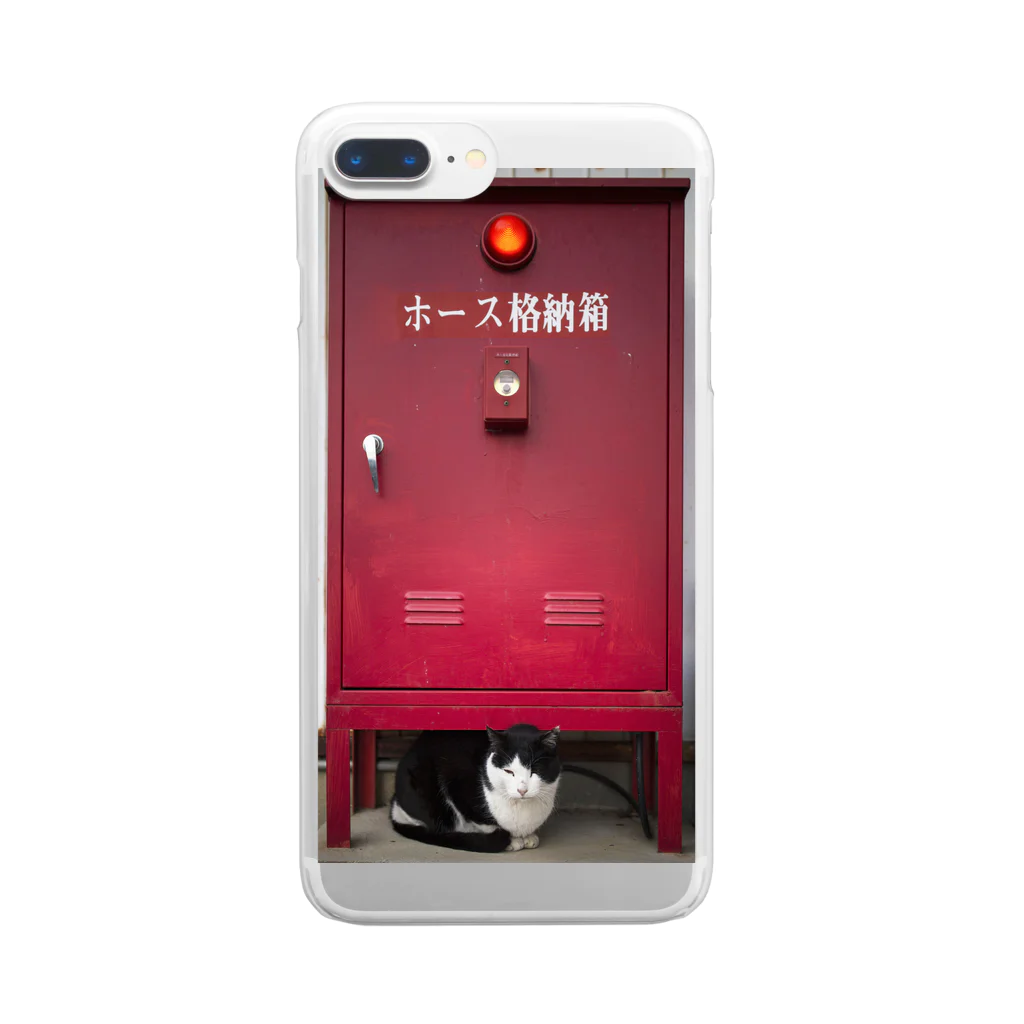 ねこ写真のみせの消火ホースの箱の下の猫 Clear Smartphone Case