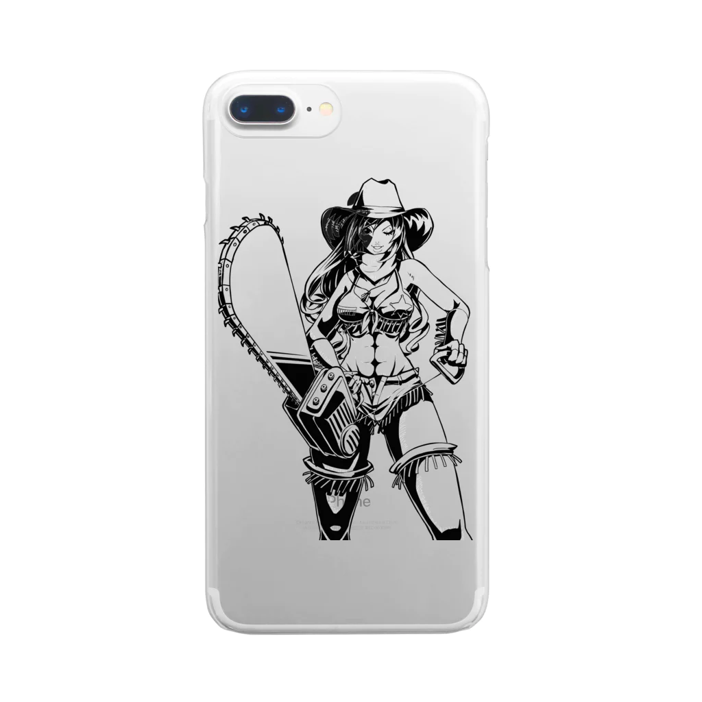 illust_designs_labのアメリカンコミック（アメコミ）風 セクシーなチェーンソーを持ったカウガール モノクロ Clear Smartphone Case