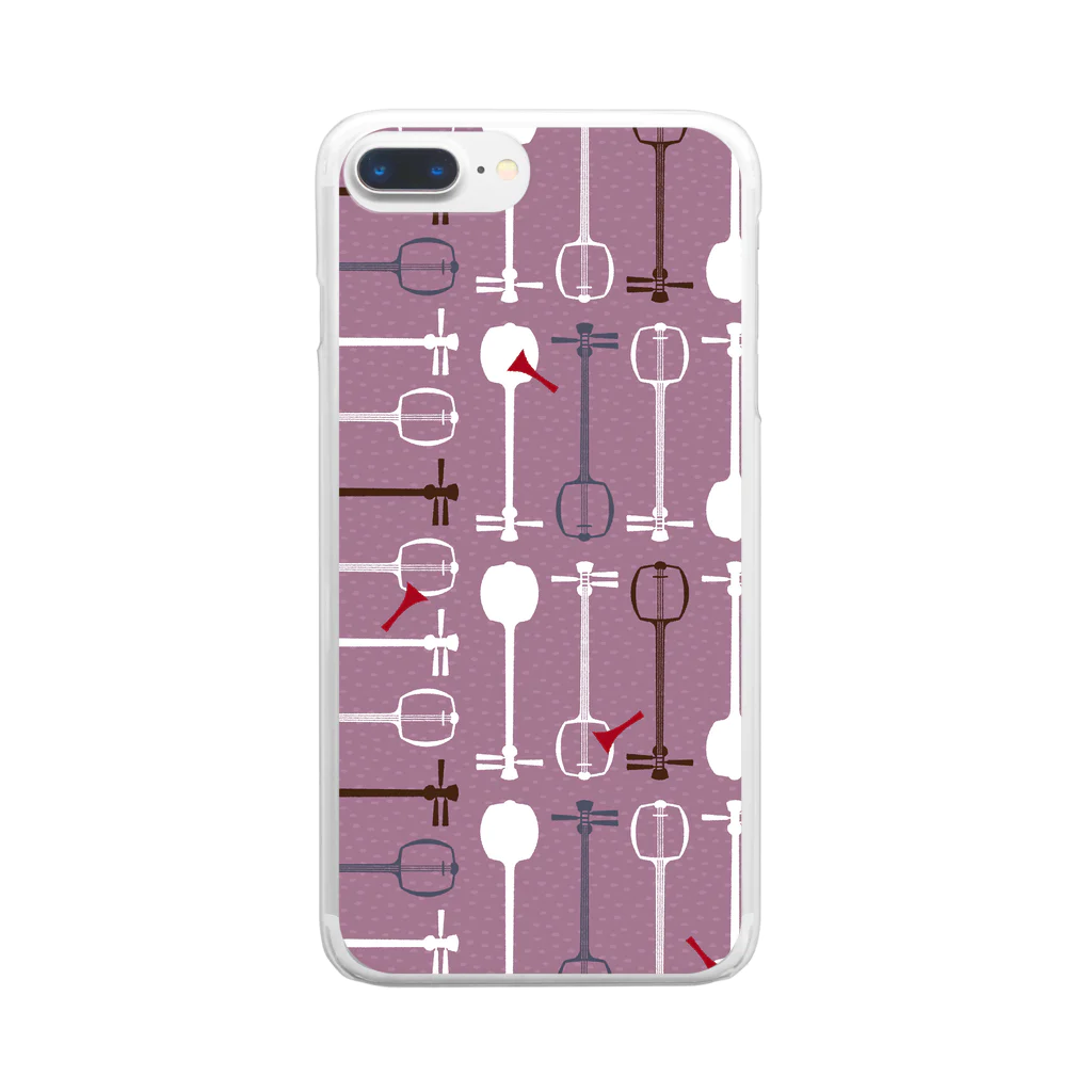 和の学び舎の三味線総柄（紫） Clear Smartphone Case