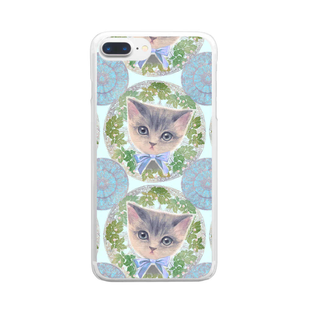 NORIMA'S SHOP のリボンをつけた子猫とアール・ヌーヴォー風レリーフのイラスト Clear Smartphone Case