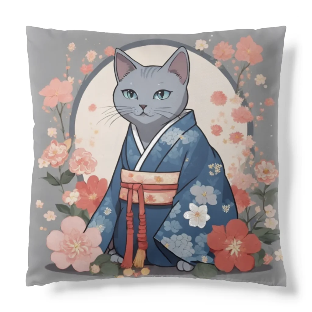 coco_peroのお正月の着物を着たロシアンブルーの猫ちゃんグッズ Cushion