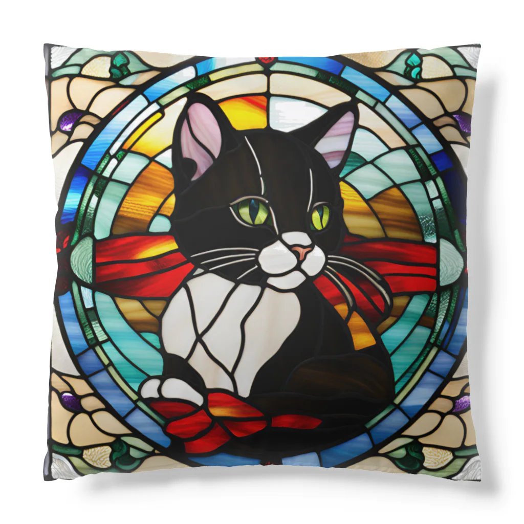 Sayuzu のステンドグラスの黒猫 Cushion