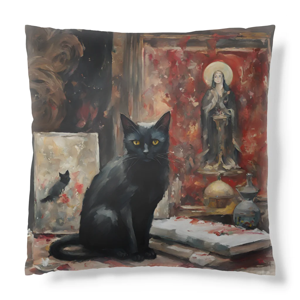 叶和の絵画風の黒猫🐈‍⬛ Cushion