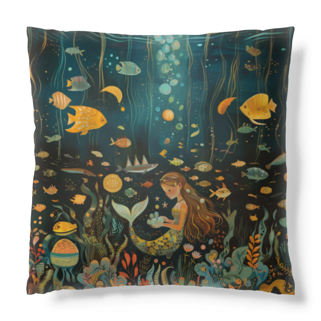 人魚堂の宝石を眺める人魚のクッション Mermaid cushion looking at jewels Cushion