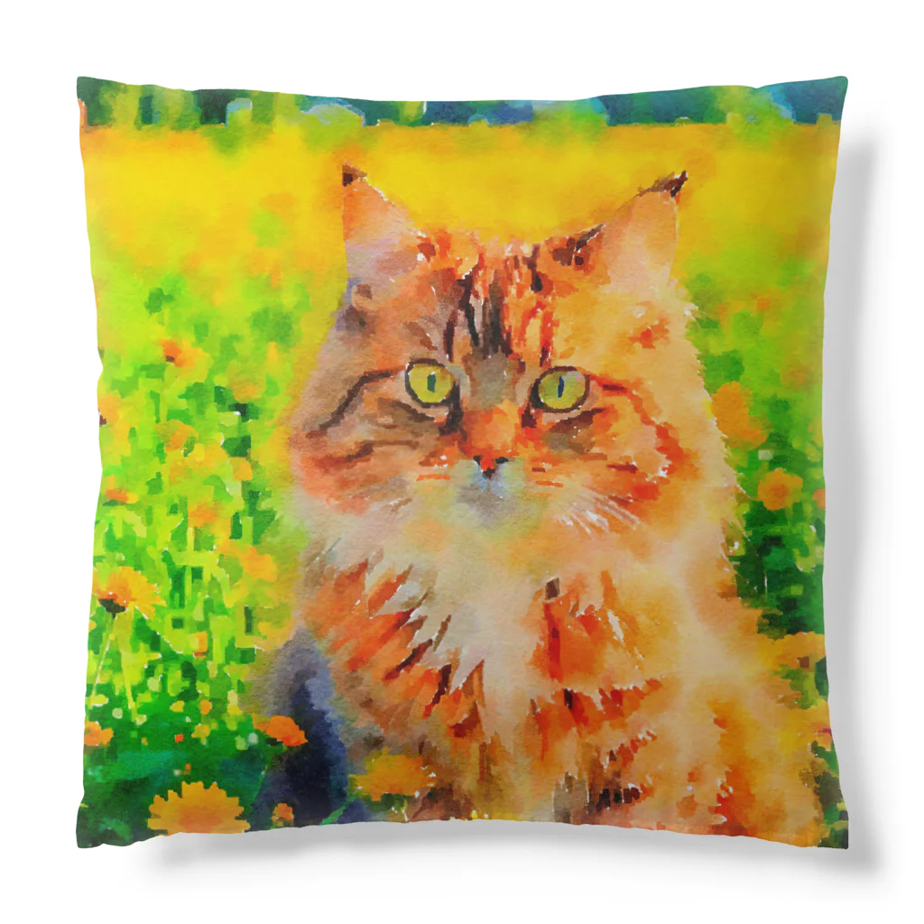 猫好きの谷の猫の水彩画/花畑のサイベリアンねこのイラスト/キジトラネコ Cushion