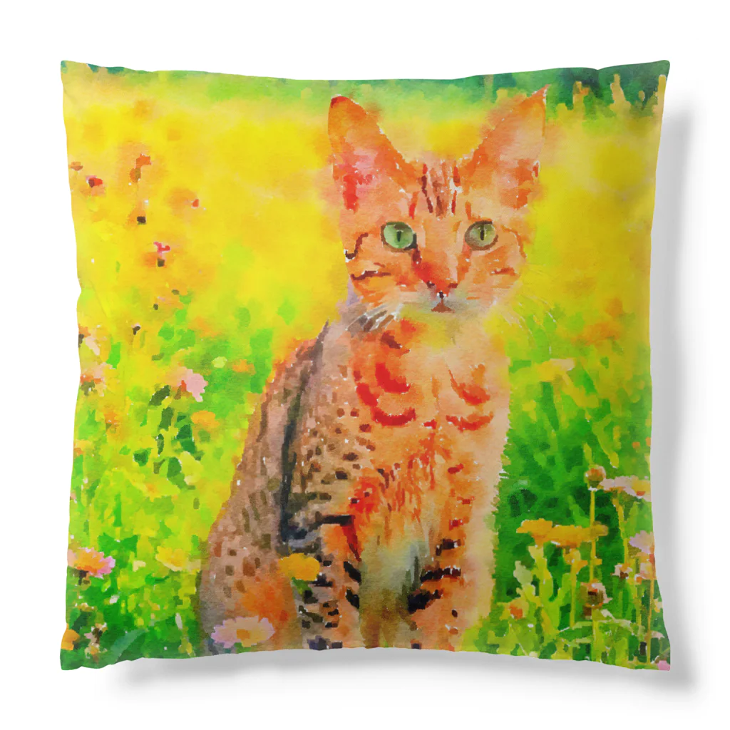猫好きの谷の猫の水彩画/花畑のオシキャットねこのイラスト/キジトラネコ Cushion
