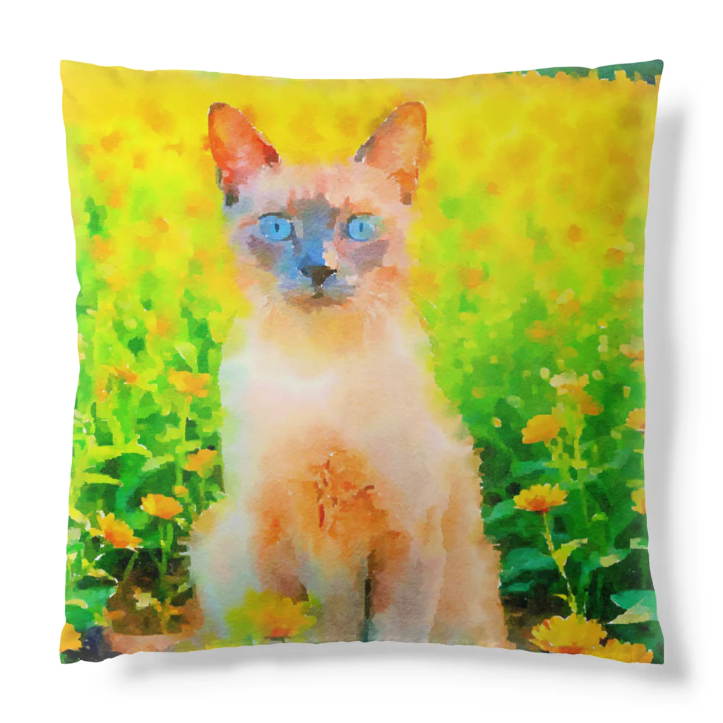 猫好きの谷の猫の水彩画/花畑のトンキニーズねこのイラスト/ポイントネコ Cushion