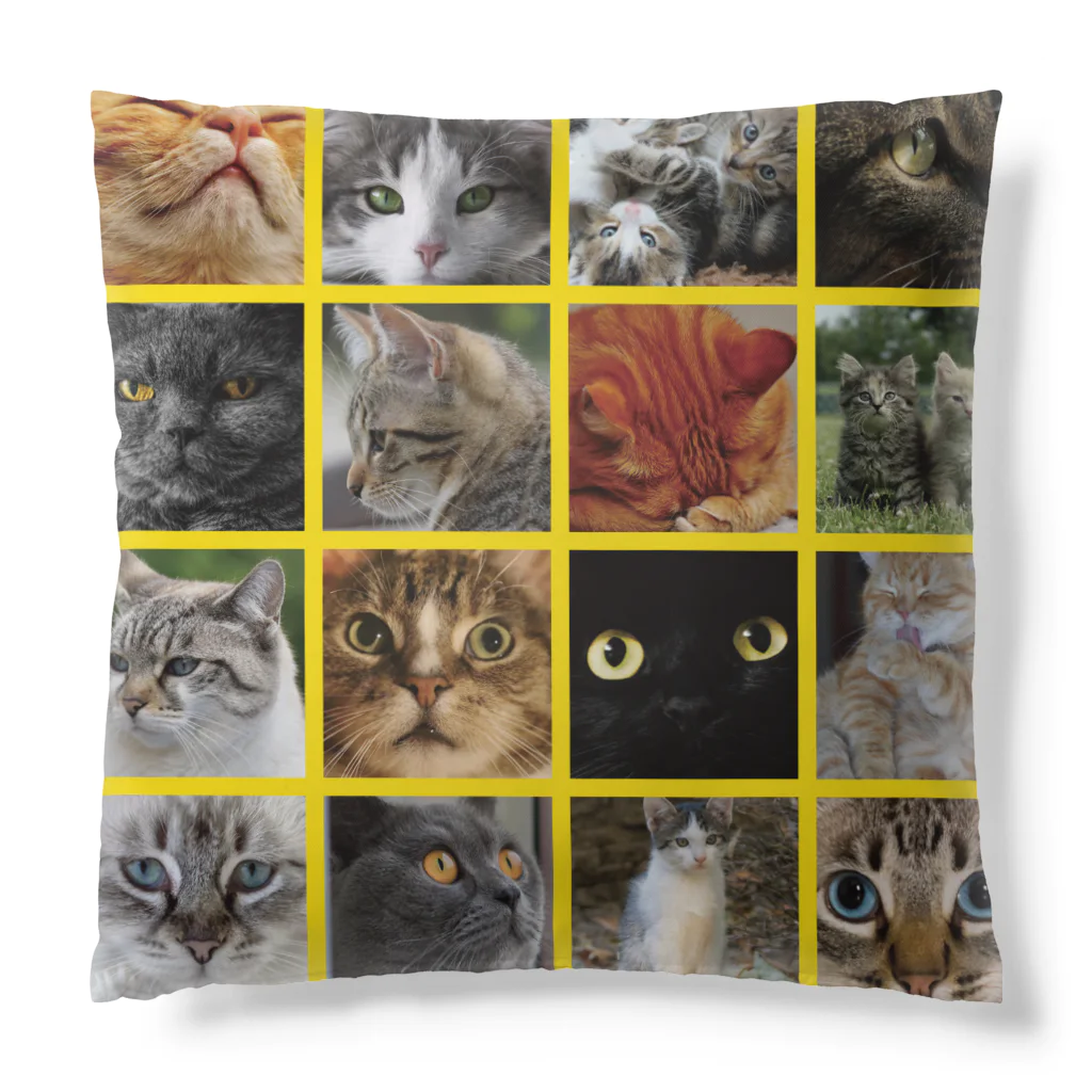 funny-boneの猫にゃ パッチワーク風 cat patchwork イエロー yellow Cushion