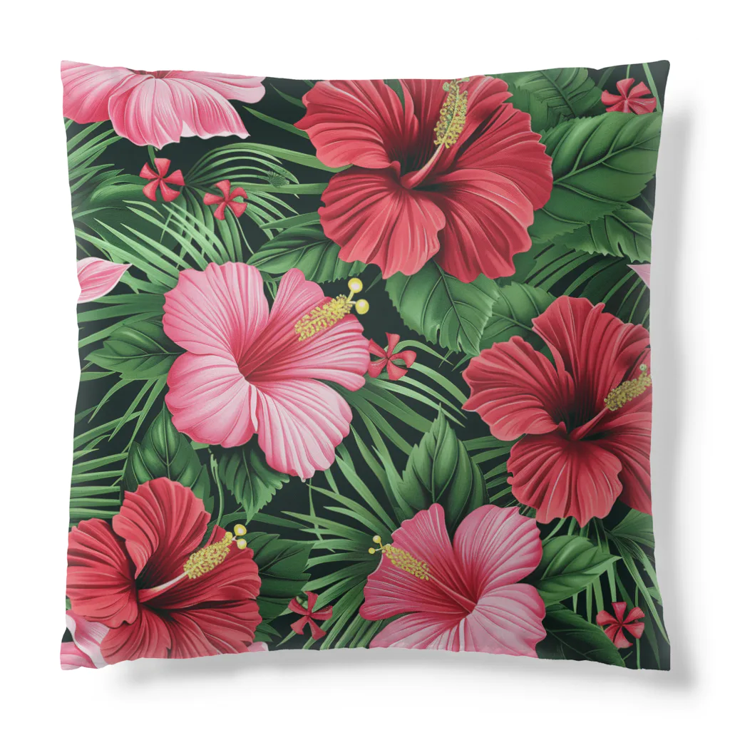 オンラインショップイエローリーフの赤色の花ハイビスカス Cushion