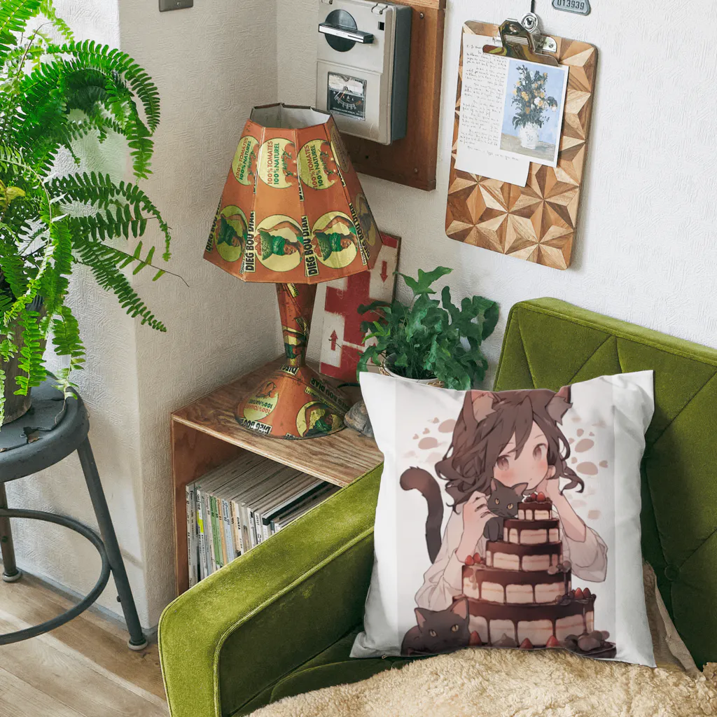 シロクマペンギンのネコちゃんとチョコレートケーキ Cushion