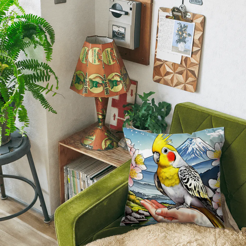 Paonのズーのオカメインコと山景色 Cushion