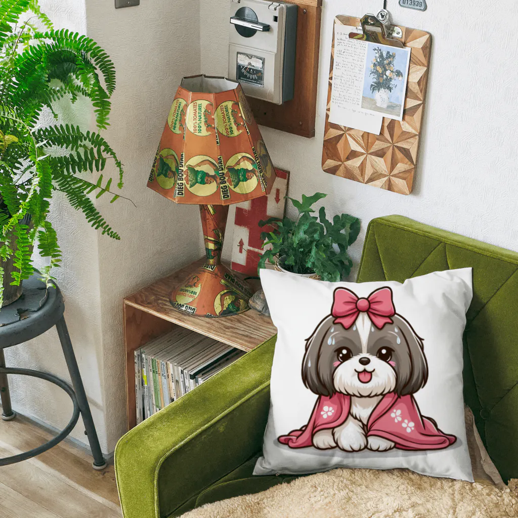 ワンコとにゃんちゃんズの毛布にくるまるシーズー Cushion