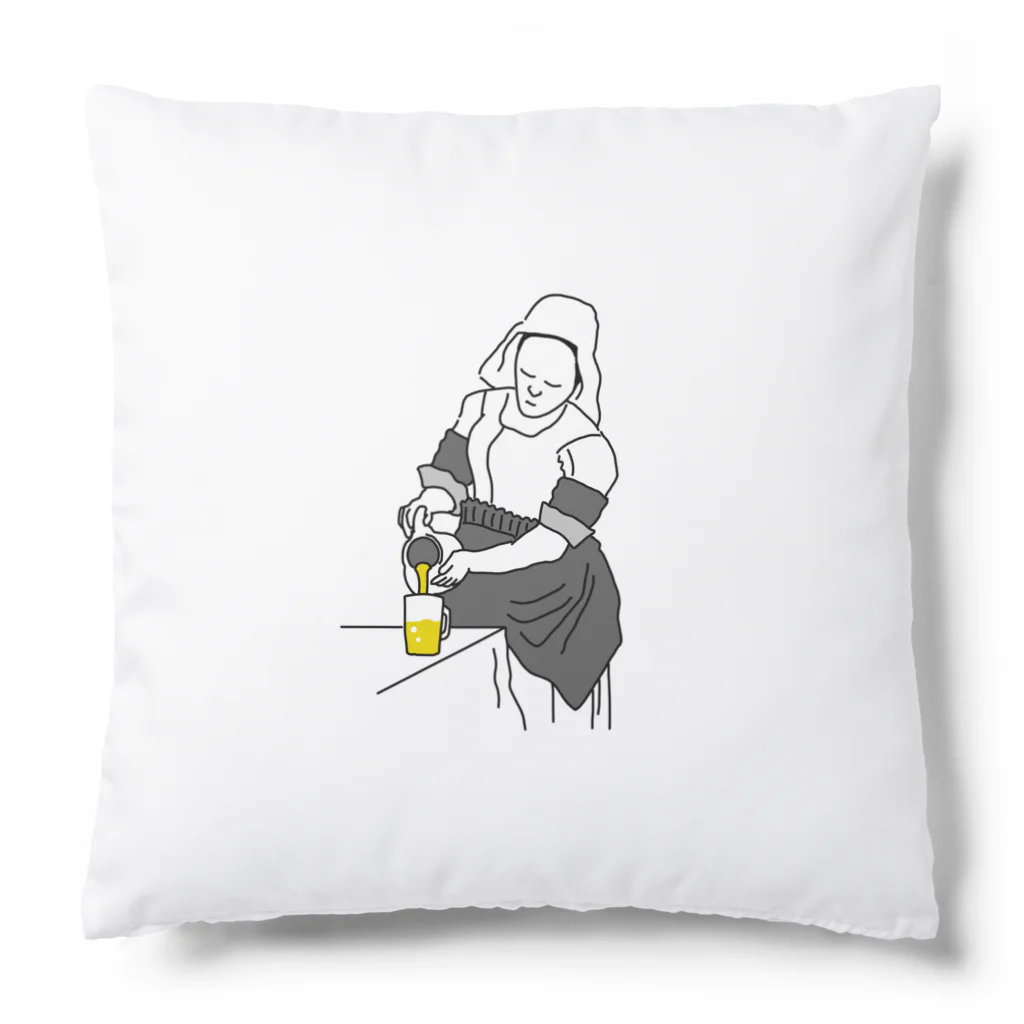 ビールとアート TM-3 Designの名画 × BEER（牛乳を注ぐ女）黒線画-ホワイト Cushion