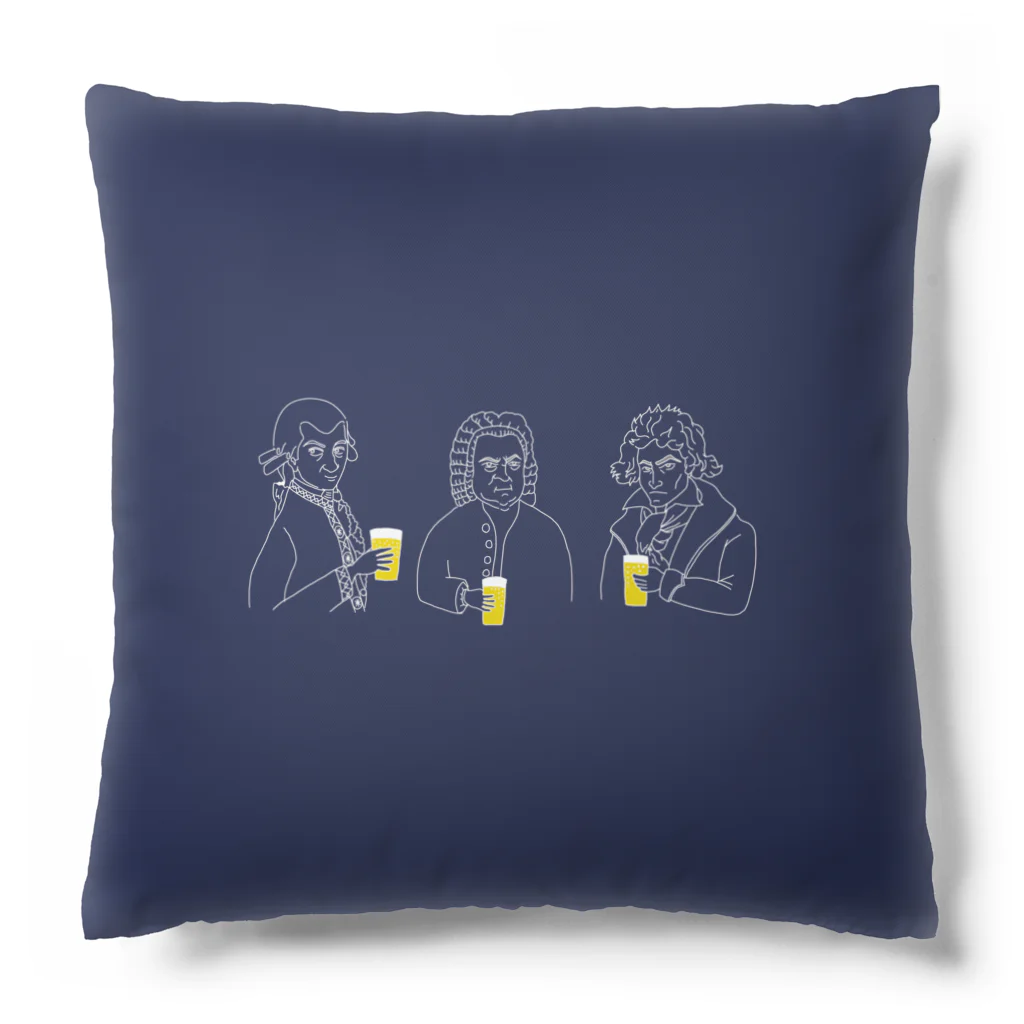 ビールとアート TM-3 Designの偉人 × BEER（三人の音楽家）白線画-インディゴ Cushion