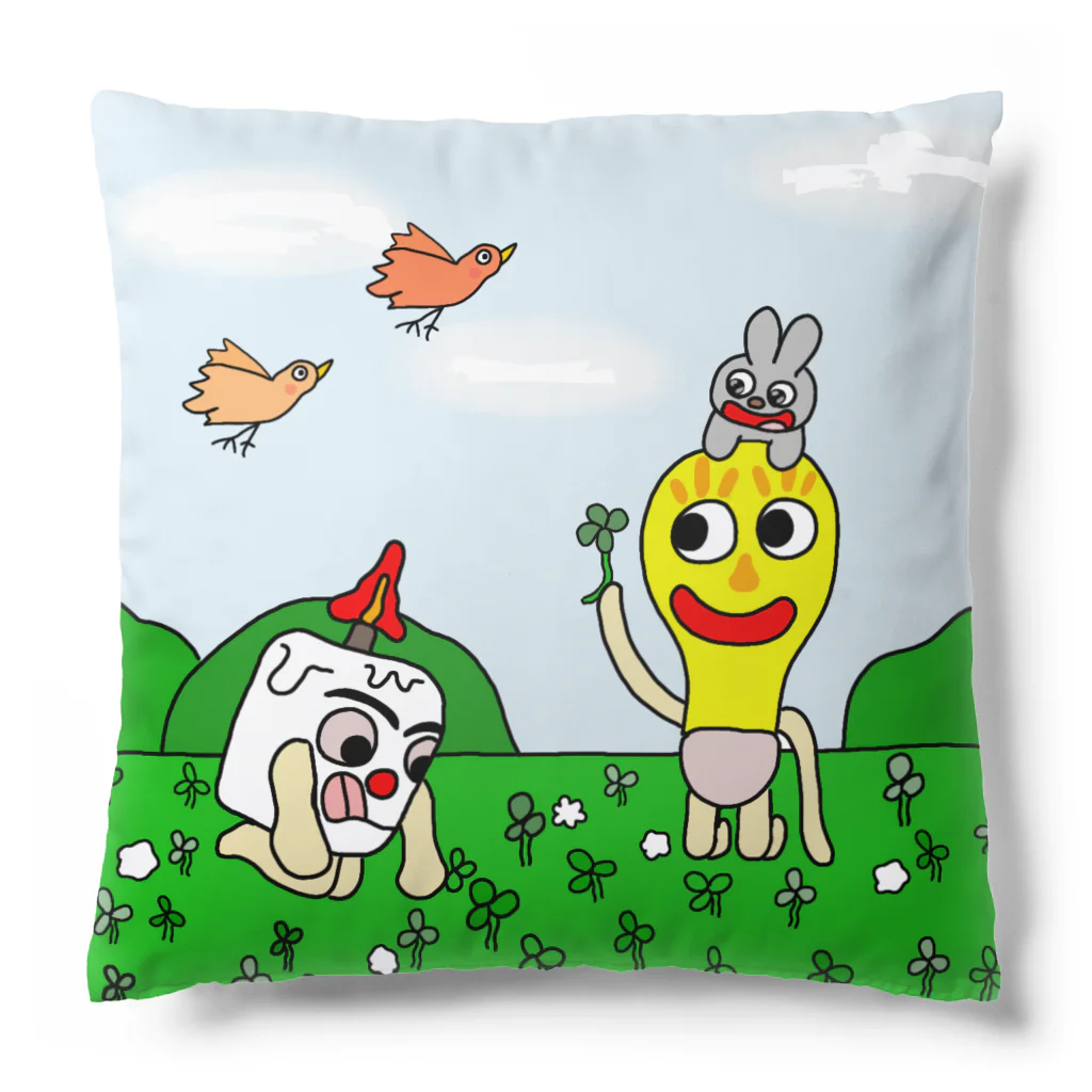 須田ふくろうの「キャンドルくんとライトくん」四つ葉のクローバー Cushion