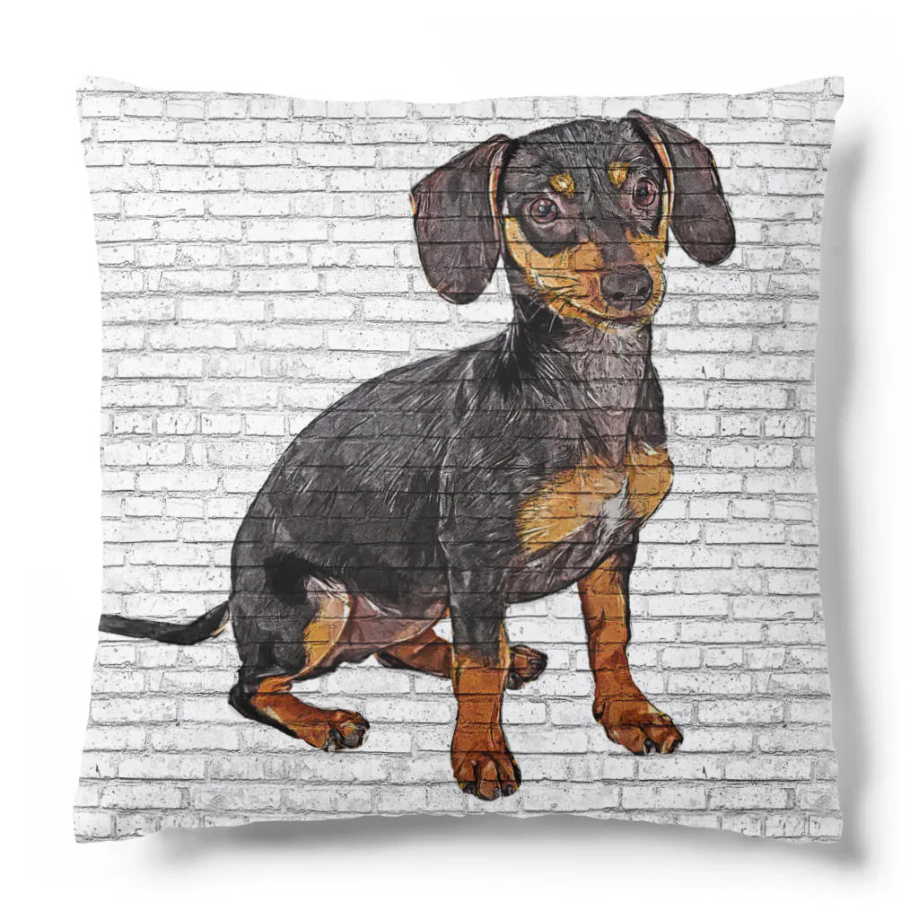 【CPPAS】Custom Pet Portrait Art Studioのかわいいダックスフントの子犬 - レンガブロックの背景 Cushion