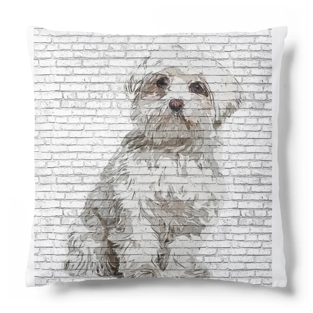 【CPPAS】Custom Pet Portrait Art Studioの マルチーズドッグ - レンガブロック背景 Cushion