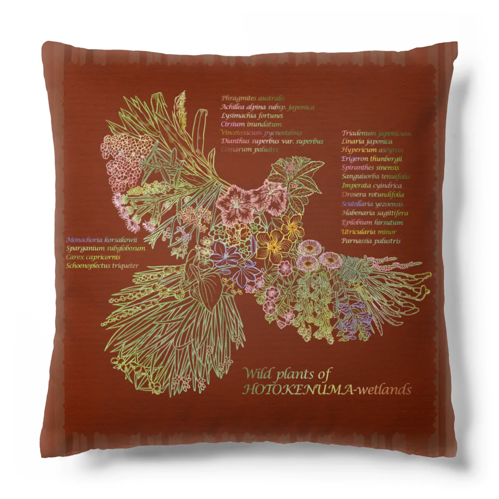 雁花工房（寄付アイテム販売中です）のWild plants of HOTOKENUMA-wetlands（ダークレッド+ダークグレー） Cushion