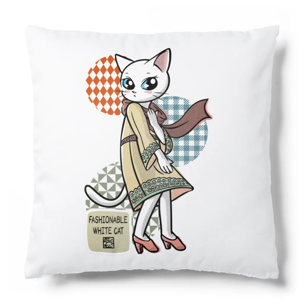 BATKEI ARTのFashionable white cat Cushion