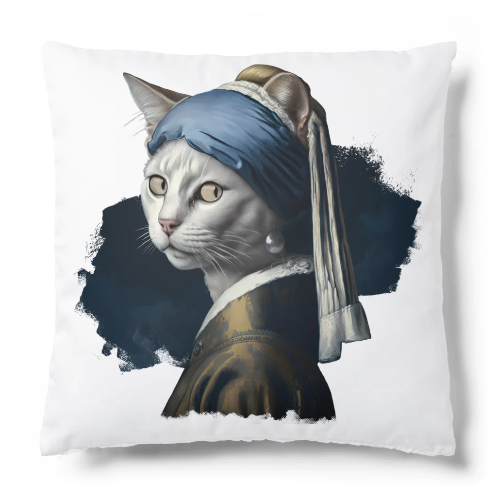 Hamidusのパールイヤリングをした猫- Vermeerの笑える絵画 Cushion