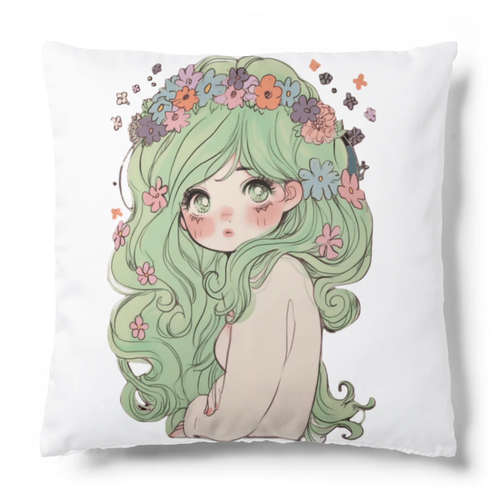 天道虫のグリーンフラワーガール Cushion