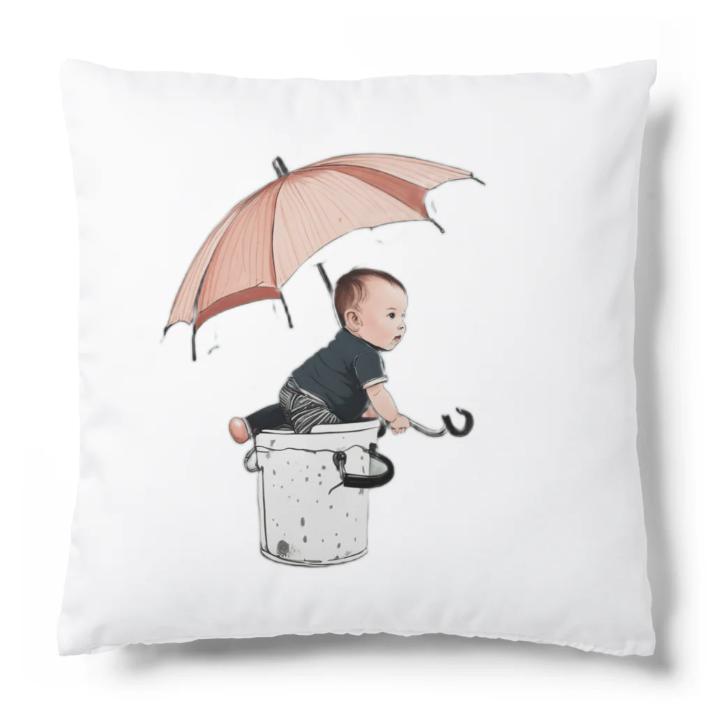 baby umbrellaの水溜まりを見つけた傘を持った赤ちゃん クッション