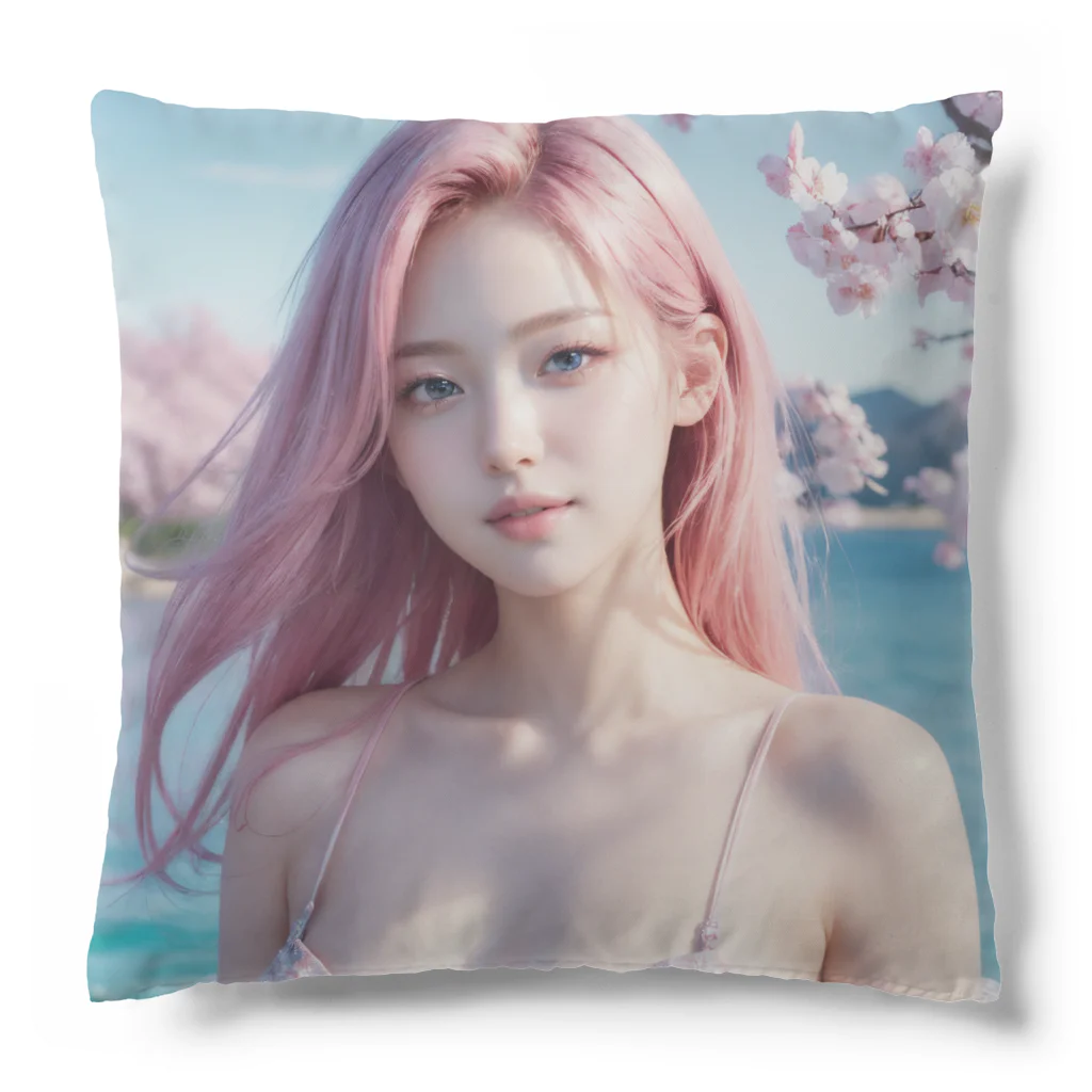 AI goddessの桜と川と青空と、ピンクの髪の女の子 クッション