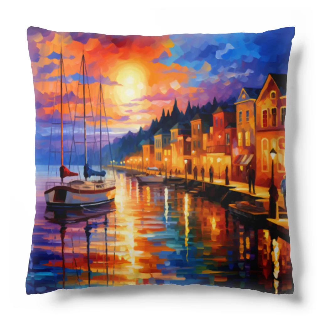orangeandblueの海辺の街の夕暮れ Cushion