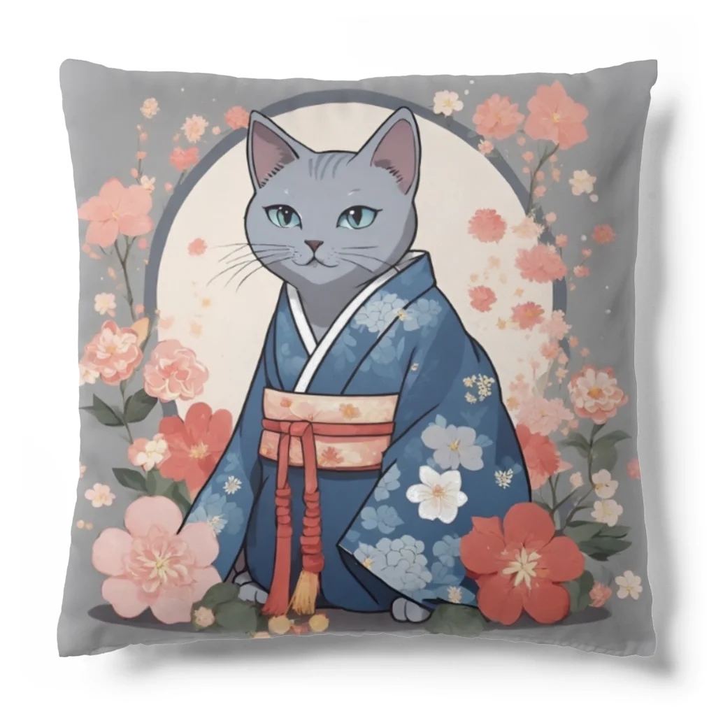 coco_peroのお正月の着物を着たロシアンブルーの猫ちゃんグッズ Cushion