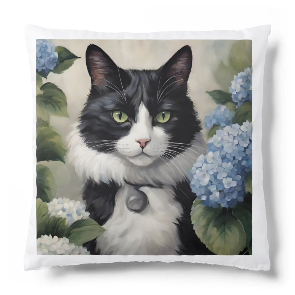 capcat1919のハチワレ猫白黒と紫陽花 Cushion