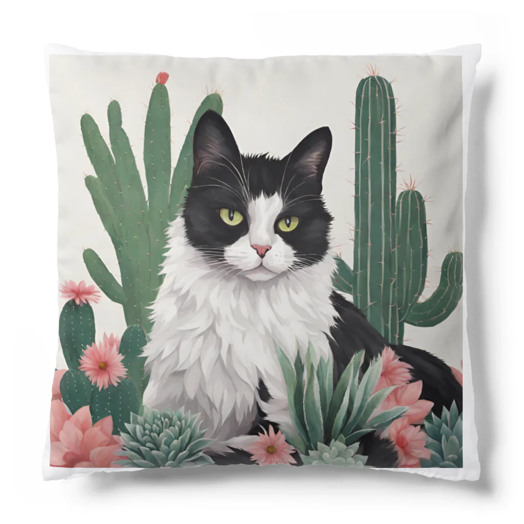 capcat1919のハチワレ白黒猫とサボテン Cushion