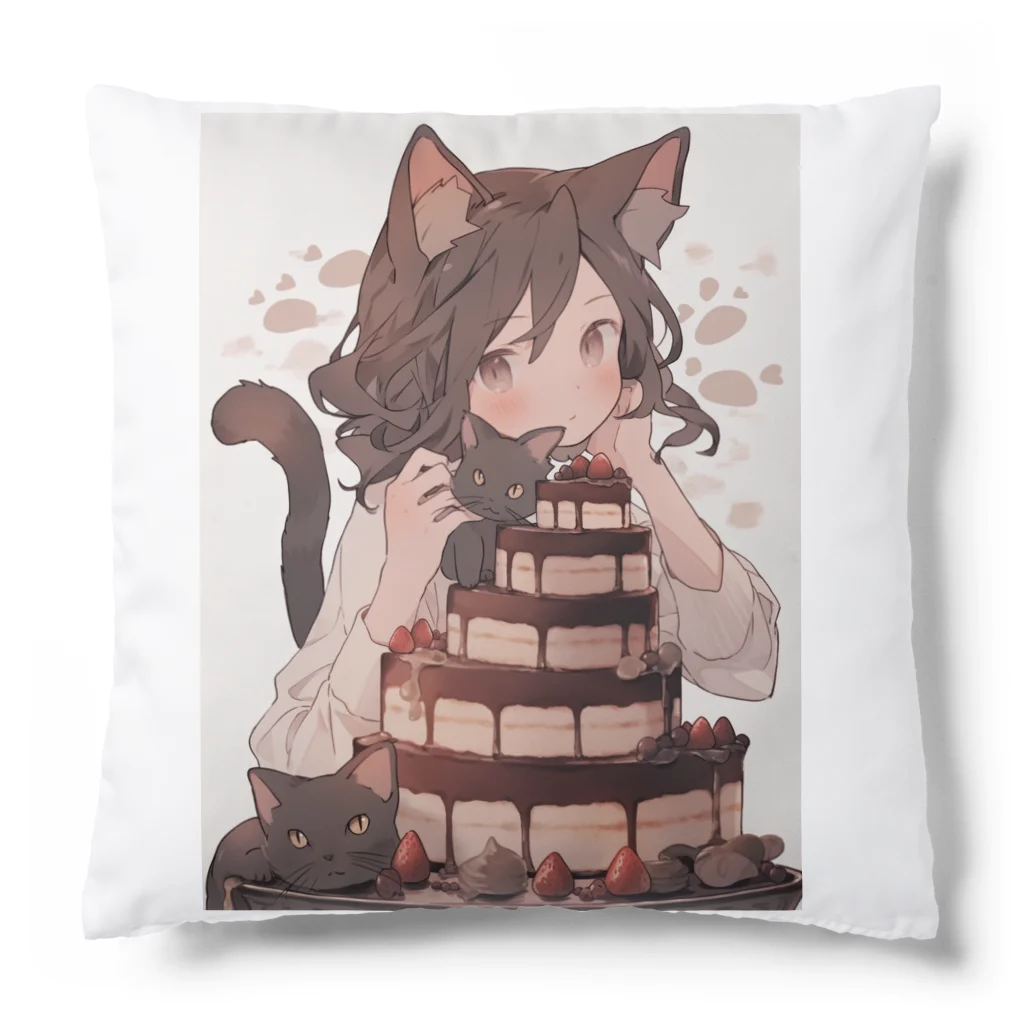 シロクマペンギンのネコちゃんとチョコレートケーキ Cushion