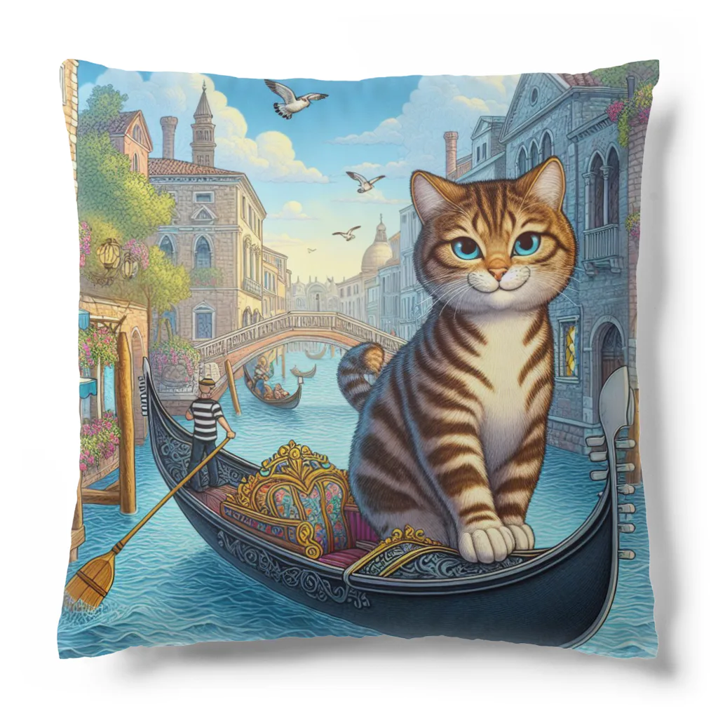 ニャーちゃんショップのヴェネツィアの水路でゴンドラに乗っているネコ Cushion