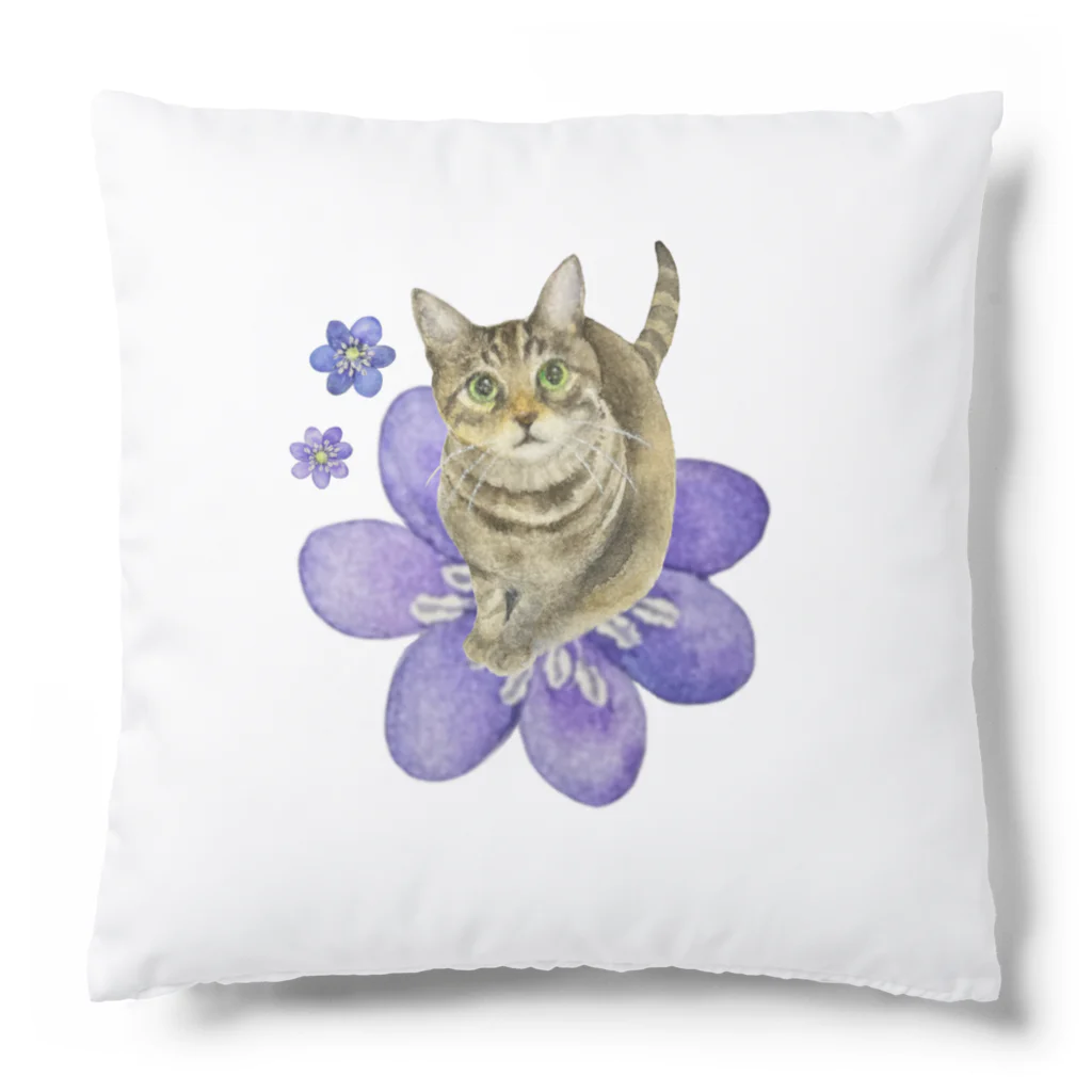 猫が好きすぎる絵描き　キジシマ ミキのキジトラくんミスミソウに乗る Cushion