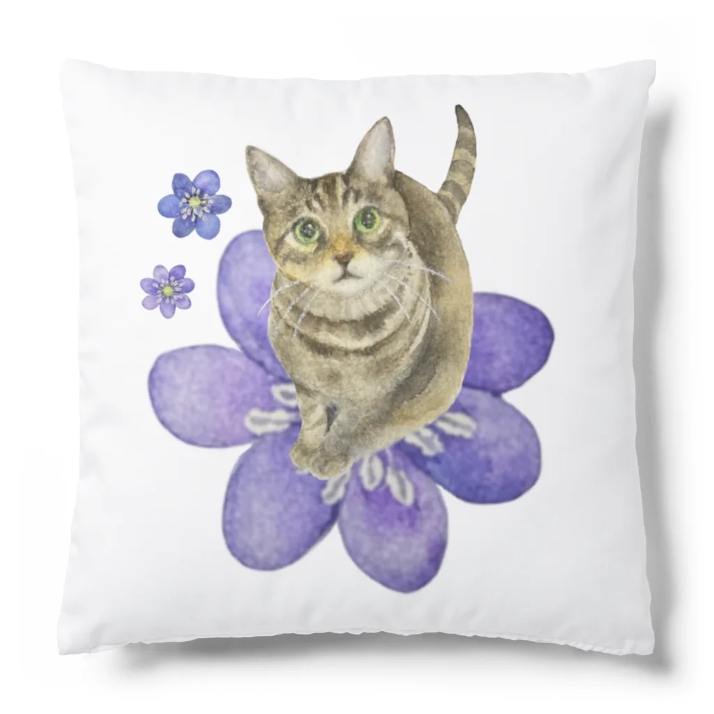 猫が好きすぎる絵描き　キジシマ ミキのキジトラくんミスミソウに乗る Cushion