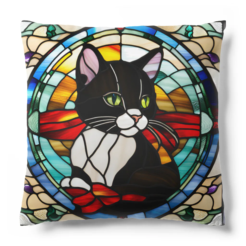 Sayuzu のステンドグラスの黒猫 Cushion